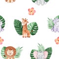 Watercolor wild african animals and green tropical palm leaves and plumeria flowers seamless pattern on white background