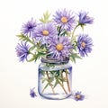 Watercolor Wild Asters In Mason Jar - Traditional Composition Royalty Free Stock Photo