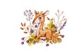 Watercolor wild Deer forest. Cute Forest animal. Watercolour deer logo. Rustic illustration on white backdrop.