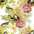 Watercolor Wild exotic birds on flowers seamless pattern on white background