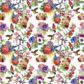 Watercolor Wild exotic birds on flowers seamless pattern on white background