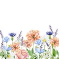 Watercolor wild flower border. Yellow and white botanical bright wildflowers, rose, peony, lavander, herbs, leaves, branches Royalty Free Stock Photo
