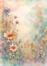 Watercolor wild flowers background. Blooming meadow on soft pastel background. Floral botanical herbal texture. Amazing digital