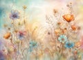 Watercolor wild flowers background. Blooming meadow on soft pastel background. Floral botanical herbal texture. Amazing digital