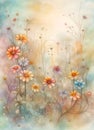 Watercolor wild flowers background. Blooming meadow on soft pastel background. Floral botanical herbal texture. Amazing digital