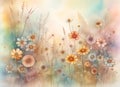 Watercolor wild flowers background. Blooming meadow on soft pastel background. Floral botanical herbal texture. Amazing digital
