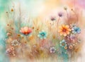 Watercolor wild flowers background. Blooming meadow on soft pastel background. Floral botanical herbal texture. Amazing digital