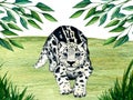 Watercolor wild forest animals: snow leopard kitten, irbis on forest lawn scene. Woodland hand-painted nature Royalty Free Stock Photo