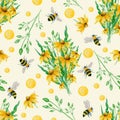 6027 Watercolor wild yellow flowers, wild cereals and bees gentle, calm seamless pattern on light background