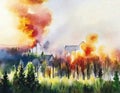 Watercolor of Wildfire forest fire burning near a town