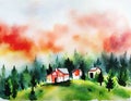 Watercolor of Wildfire forest fire burning near a town