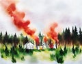 Watercolor of Wildfire forest fire burning near a town