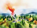 Watercolor of Wildfire forest fire burning near a town