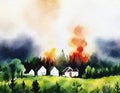 Watercolor of Wildfire forest fire burning near a town