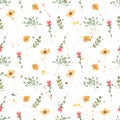 Watercolor wildflower floral pattern, delicate flower wallpaper with field flowers , wildflowers background with splashes. Retro