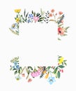 Beautiful wildflower square border with hand painted summer meadow flowers, herbs, grass, leaves, isolated on white background. Royalty Free Stock Photo