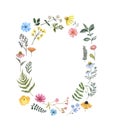 Watercolor wildflower frame on white background. Colorful summer meadow wreath, botanical floral border for cards, invitations. Royalty Free Stock Photo