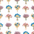 Watercolor wildflower seamless floral pattern, delicate flower bouquet wallpaper with lavender flowers and wheat, different wild