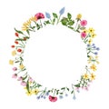 Watercolor wildflower wreath. Botanical spring summer flowers frame