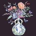 Watercolor wildflowers bouquet, Chinese blue vase floral illustration isolated on black