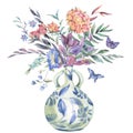 Watercolor wildflowers bouquet, Chinese blue vase floral illustration isolated on white