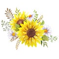 Watercolor wildflowers bouquet, hand painted sunflower bouquets, sunfower flower arrangement. Wedding invitation clipart elements.