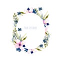 Watercolor wildflowers and branches oval frame in pink and blue shades