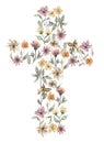 Watercolor wildflowers cross clip art, meadow florals religion illustration, field flowers baptism cross clipart, rustic florals Royalty Free Stock Photo