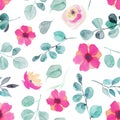 Watercolor wildflowers, pink roses, eucalyptus branches and leaves seamless pattern Royalty Free Stock Photo