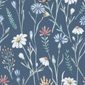 Watercolor wildflowers seamless pattern with poppy, cornflower chamomile, rye and wheat spikelets