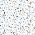 Watercolor wildflowers seamless pattern with poppy, cornflower chamomile, rye and wheat