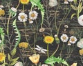 Watercolor wildflowers on wood texture
