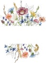 Watercolor wildflowers wreath illustration, meadow flowers frame clipart Royalty Free Stock Photo