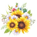 Watercolor wildlowers bouquet, hand painted sunflower bouquets, sunfower flower arrangement. Wedding invitation clipart elements.