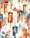 Watercolor Wind Chimes and Autumn Leaves Pattern Royalty Free Stock Photo