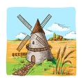 Watercolor Windmill with Wheat Fields