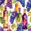Watercolor Wine Bottles and Grapes Pattern Royalty Free Stock Photo