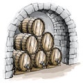 Watercolor wine cellar with barrels