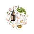 Watercolor wine and cheese frame template. Hand draw round card background with food objects on isolated white. White Royalty Free Stock Photo