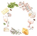 Watercolor wine and cheese frame wreath template. Hand draw round card background with food objects on isolated white Royalty Free Stock Photo