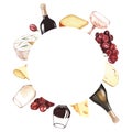 Watercolor wine and cheese round frame template. Hand draw circle card background with food objects on isolated white Royalty Free Stock Photo