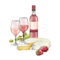 Watercolor wine glasses and bottle decorated win cheese, strawberries and grapes Royalty Free Stock Photo