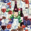 Watercolor wine glasses and bottles decorated with delicious food