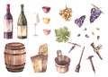 Watercolor illustration winemaking set. Bottle, glasses with wine, green and blue grapes, barrel.