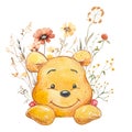Watercolor Winnie the Pooh with floral bouquets Royalty Free Stock Photo