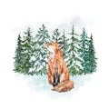 Watercolor winter background with fox. Hand painted wild animal and watercolor snow forest landscape