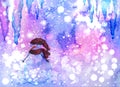 Watercolor winter background with snowman and icicles Royalty Free Stock Photo