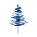 Watercolor winter blue christmas tree isolated on white background. Hand painting Illustration for print, texture Royalty Free Stock Photo