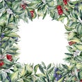 Watercolor winter border. Hand painted floral card with snowberry, eucalyptus and berries isolated on white background Royalty Free Stock Photo