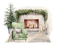 Watercolor winter card with armchair, fireplace, carpet and christmas tree. Hand painted holiday illustration with